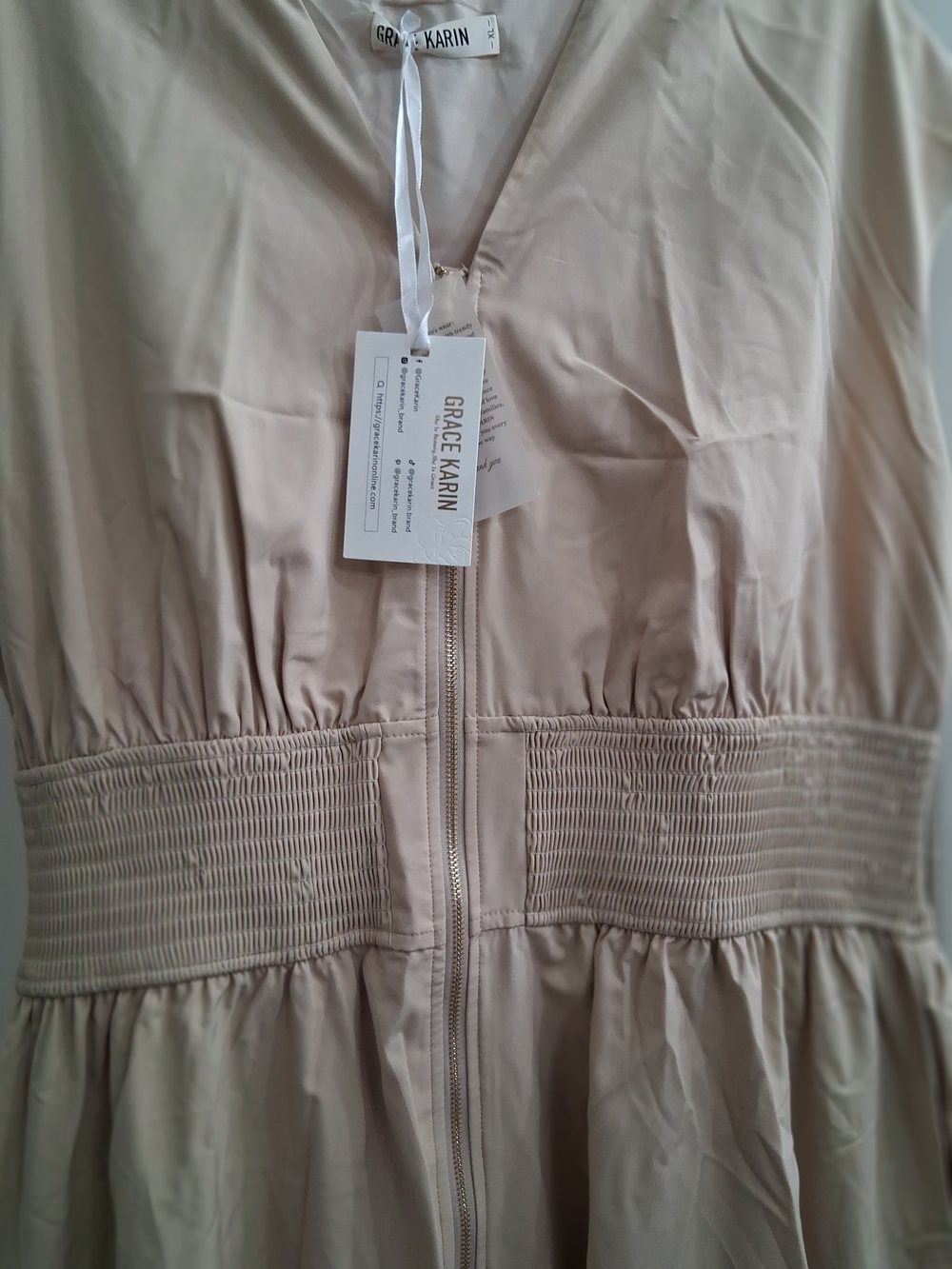 Grace Karin Cream Midi Dress with Smocked Waist - Picture 2 of 4